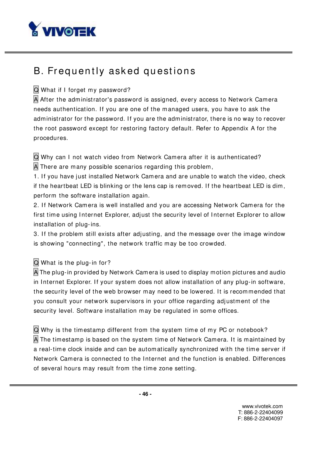 Vivotek PT3112/3122 manual Frequently asked questions 