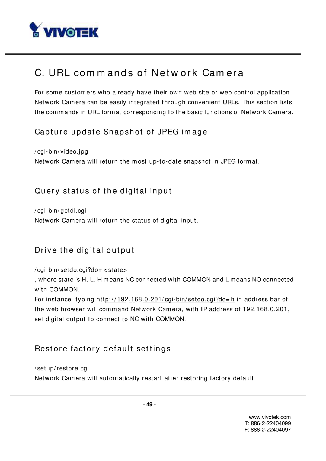 Vivotek PT3112/3122 manual URL commands of Network Camera, Capture update Snapshot of Jpeg image, Drive the digital output 