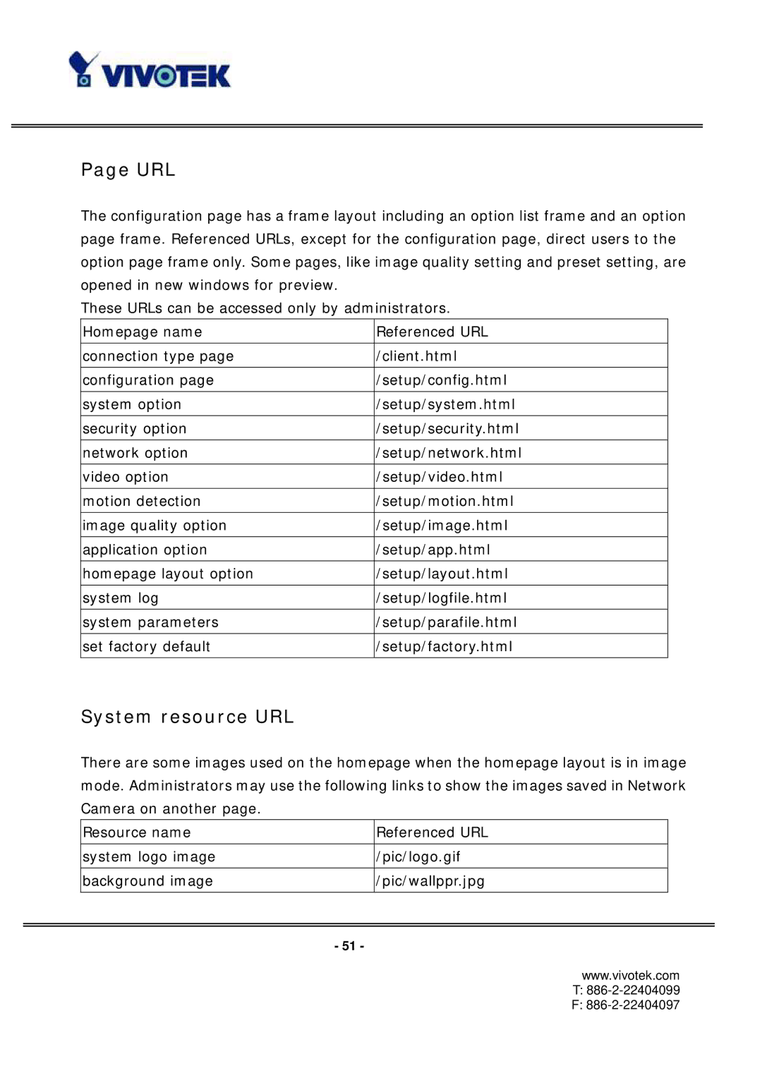 Vivotek PT3112/3122 manual Url, System resource URL 