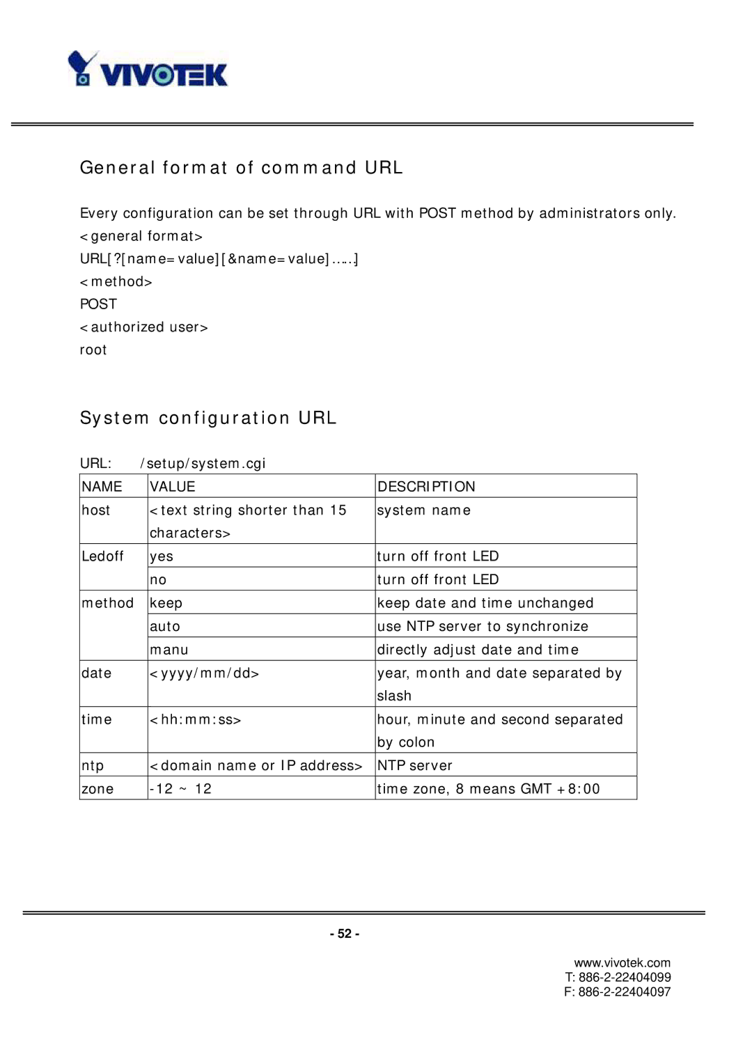 Vivotek PT3112/3122 manual General format of command URL, System configuration URL 