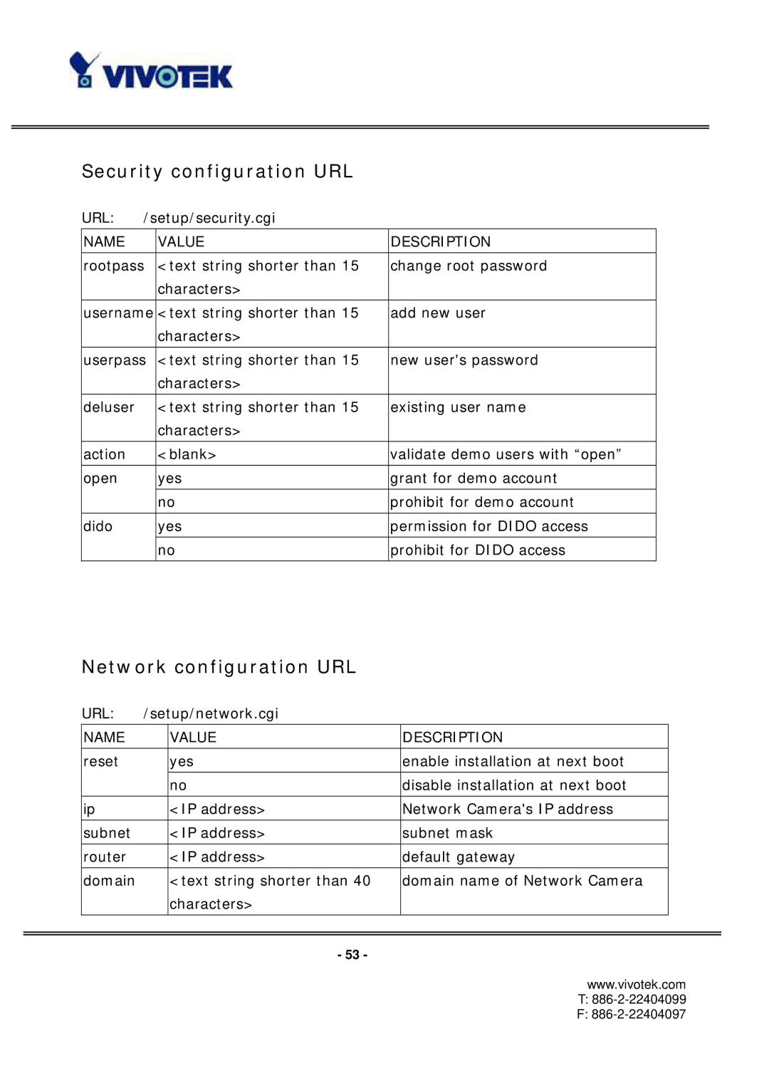 Vivotek PT3112/3122 manual Security configuration URL, Network configuration URL 