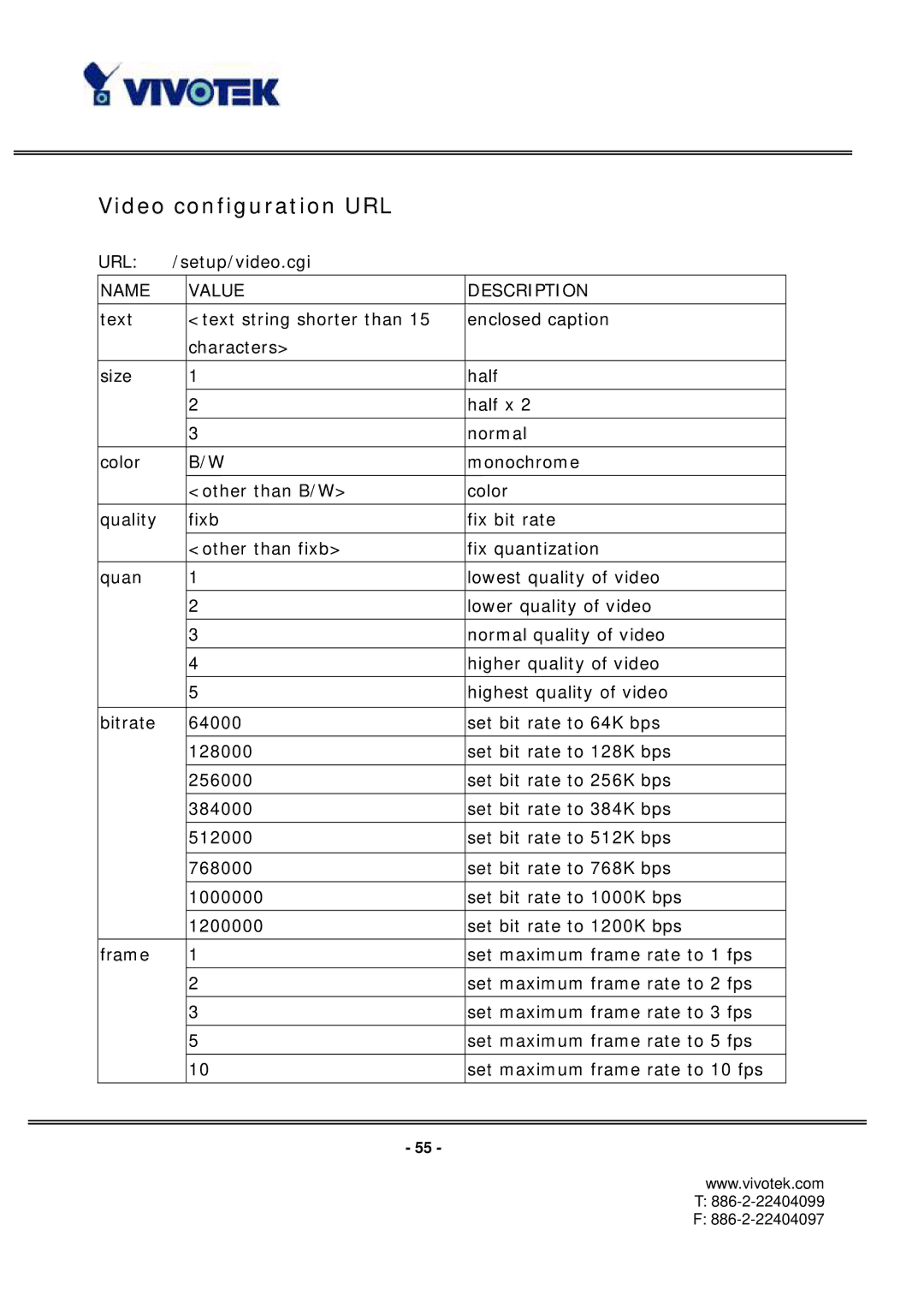 Vivotek PT3112/3122 manual Video configuration URL 