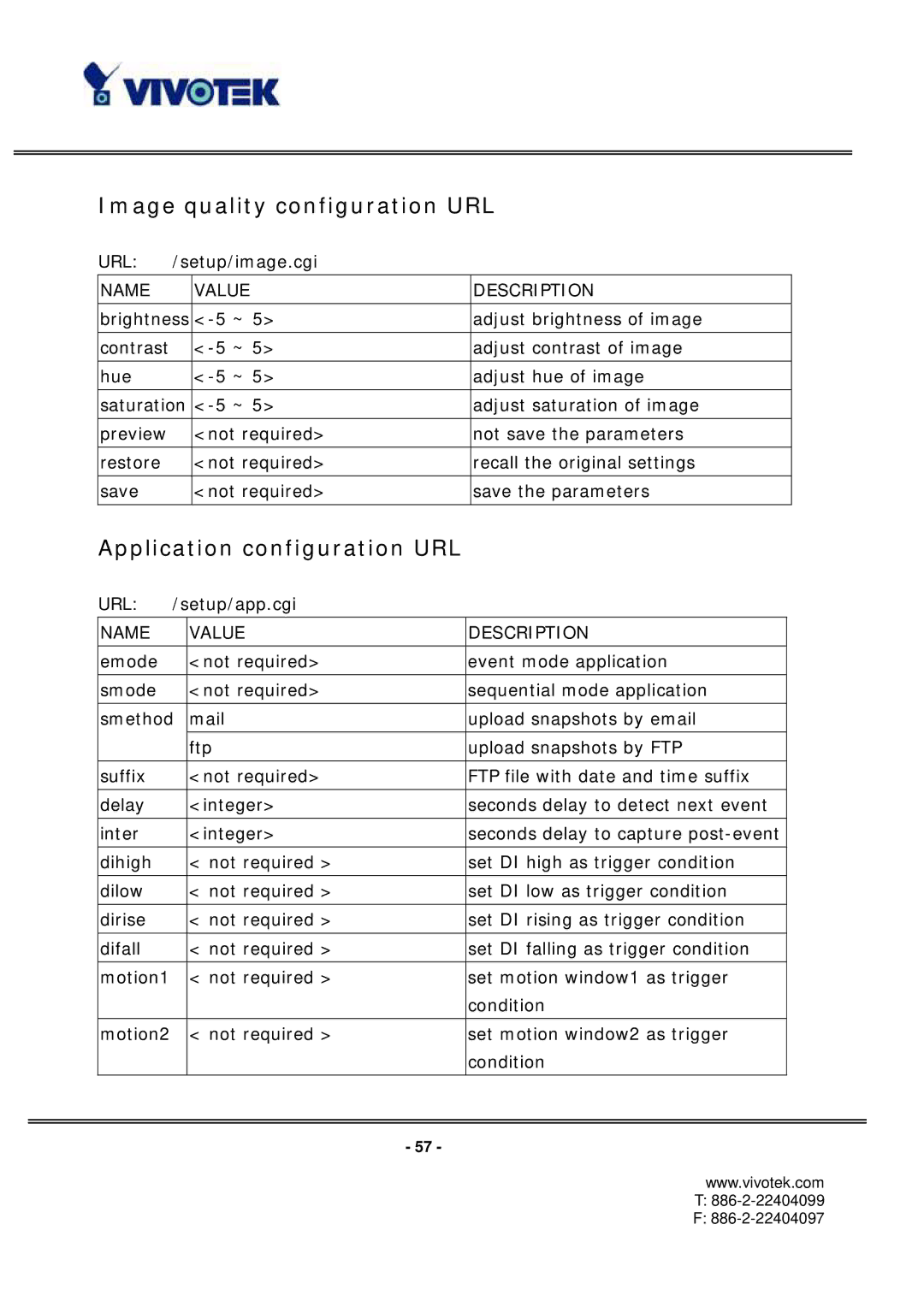 Vivotek PT3112/3122 manual Image quality configuration URL, Application configuration URL 