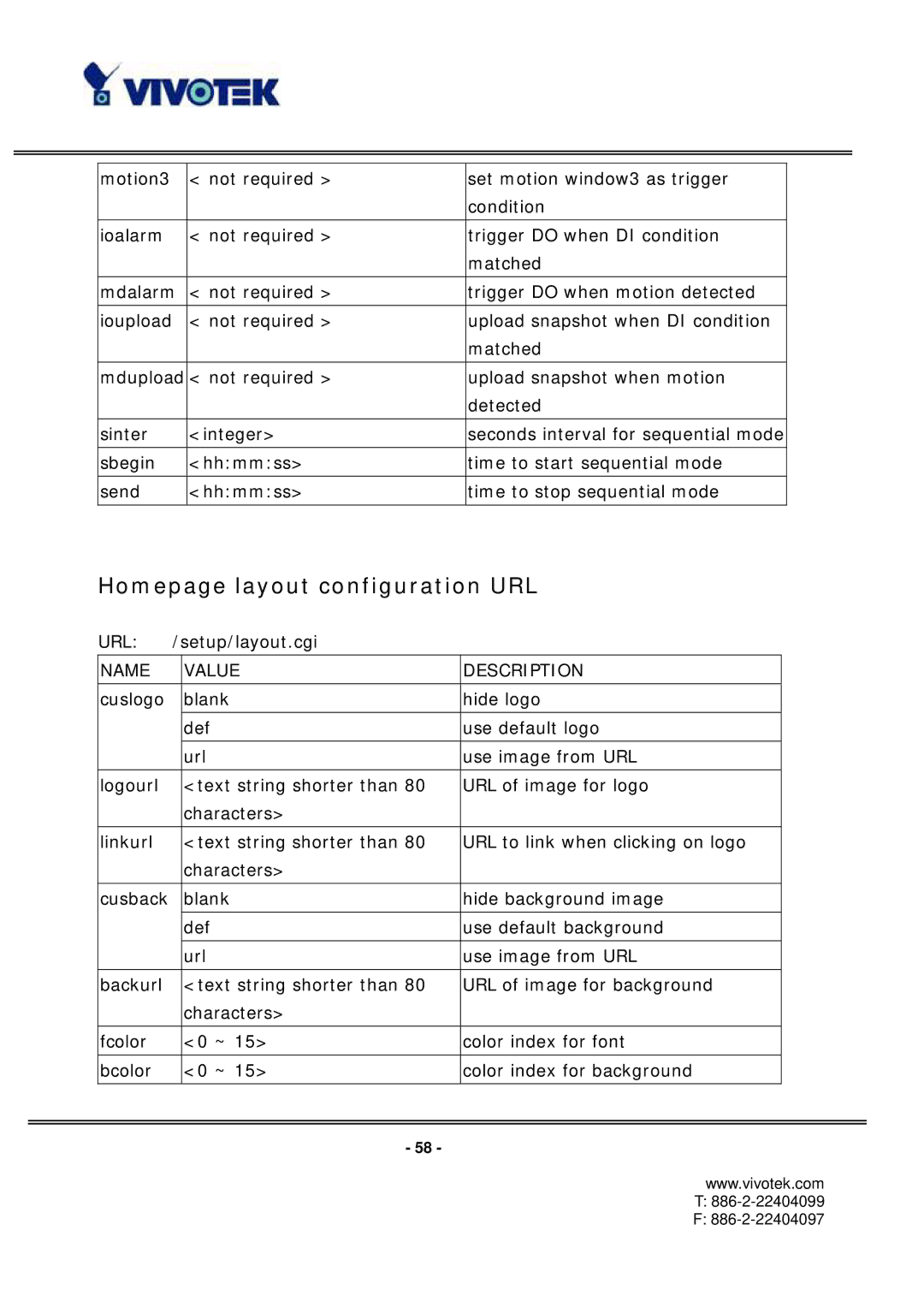 Vivotek PT3112/3122 manual Homepage layout configuration URL 