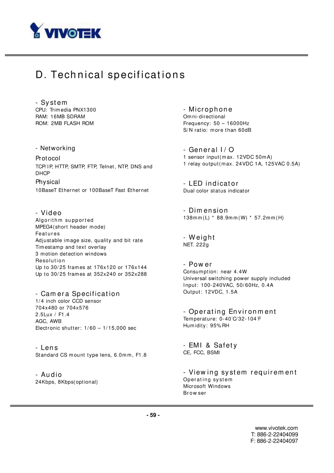 Vivotek PT3112/3122 manual Technical specifications, System Microphone 