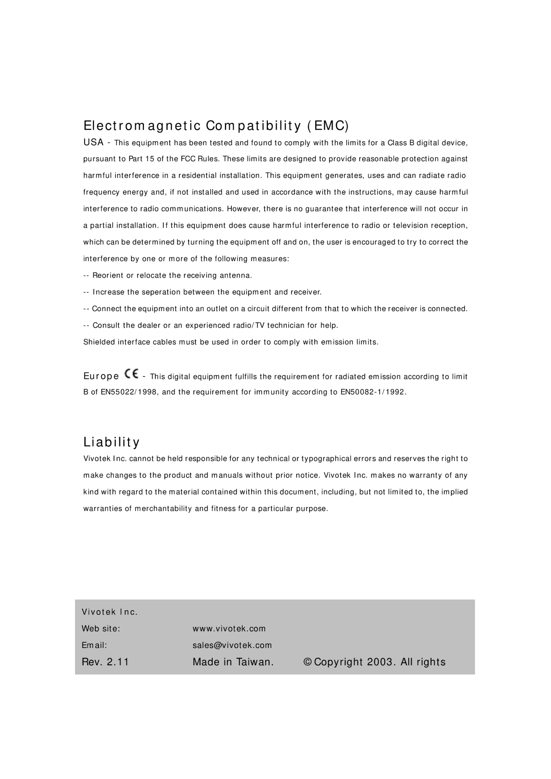 Vivotek PT3112/3122 manual Electromagnetic Compatibility EMC, Liability 