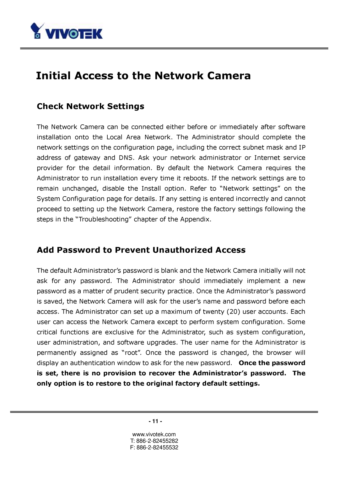 Vivotek PT3113 Initial Access to the Network Camera, Check Network Settings, Add Password to Prevent Unauthorized Access 