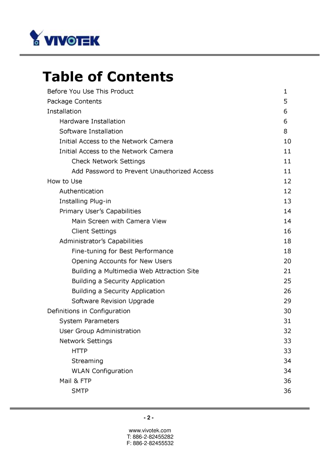 Vivotek PT3123, PT3113 manual Table of Contents 