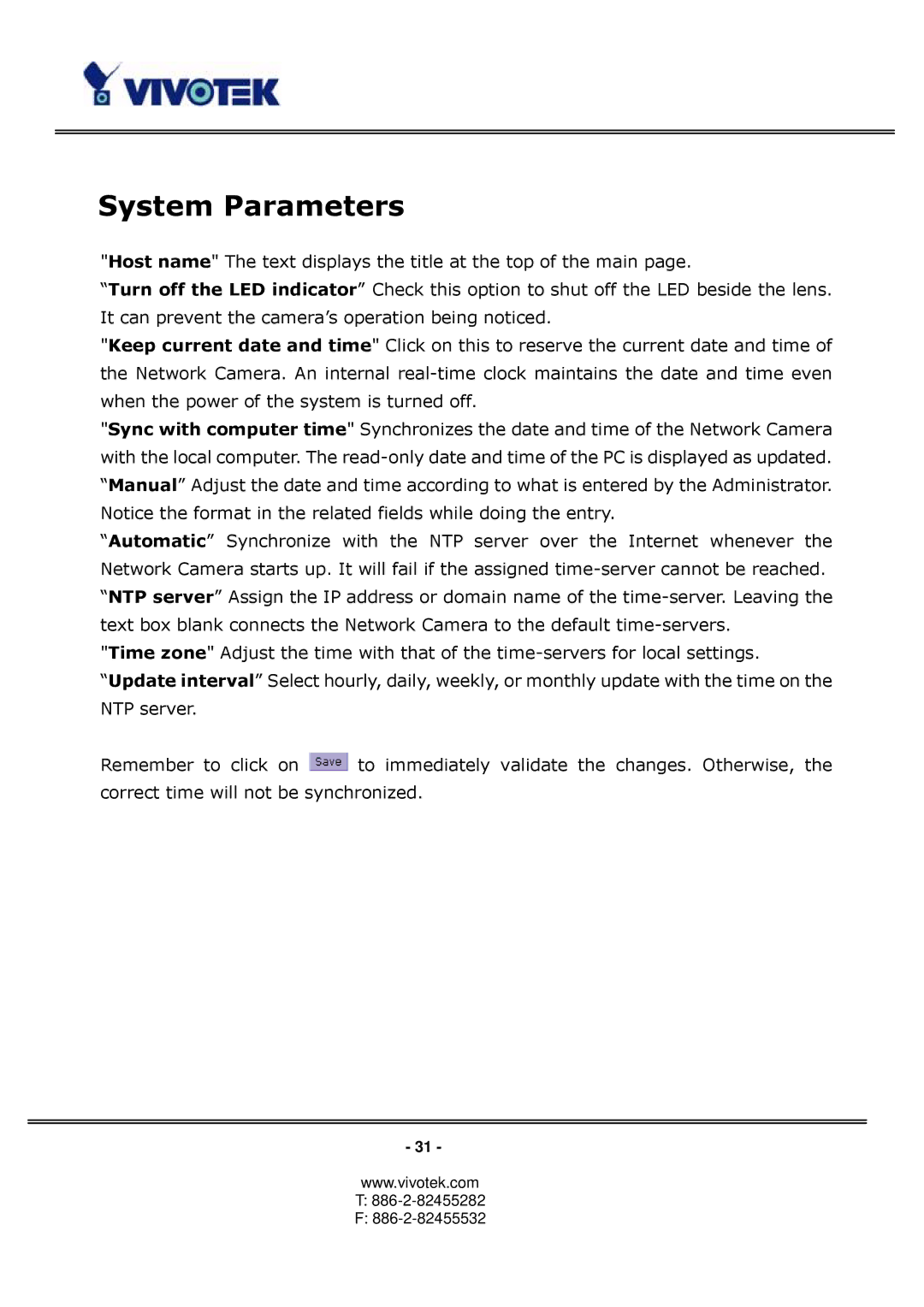 Vivotek PT3113, PT3123 manual System Parameters 