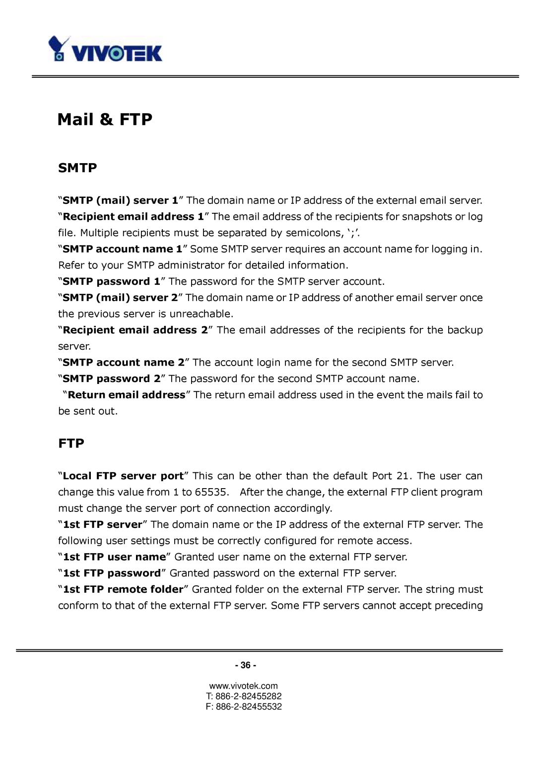 Vivotek PT3123, PT3113 manual Mail & FTP, Smtp 