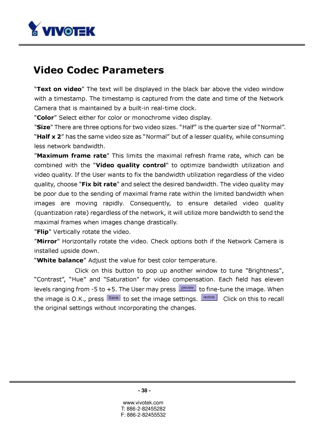 Vivotek PT3123, PT3113 manual Video Codec Parameters 