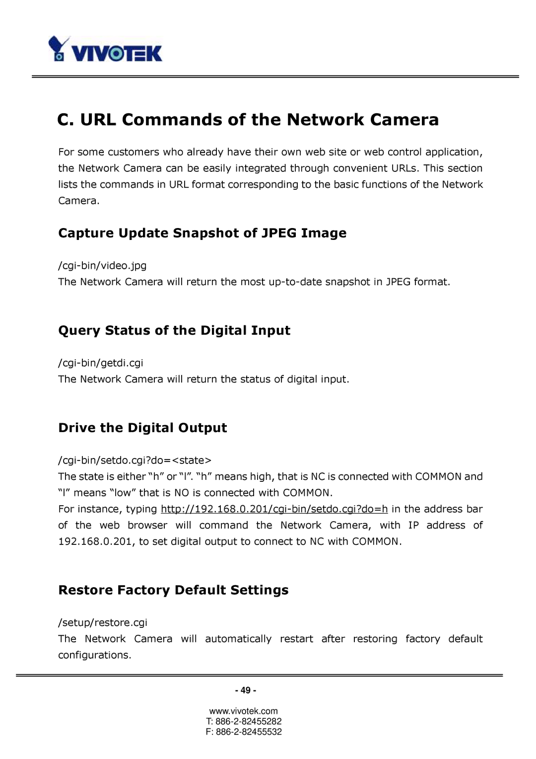 Vivotek PT3123, PT3113 URL Commands of the Network Camera, Capture Update Snapshot of Jpeg Image, Drive the Digital Output 