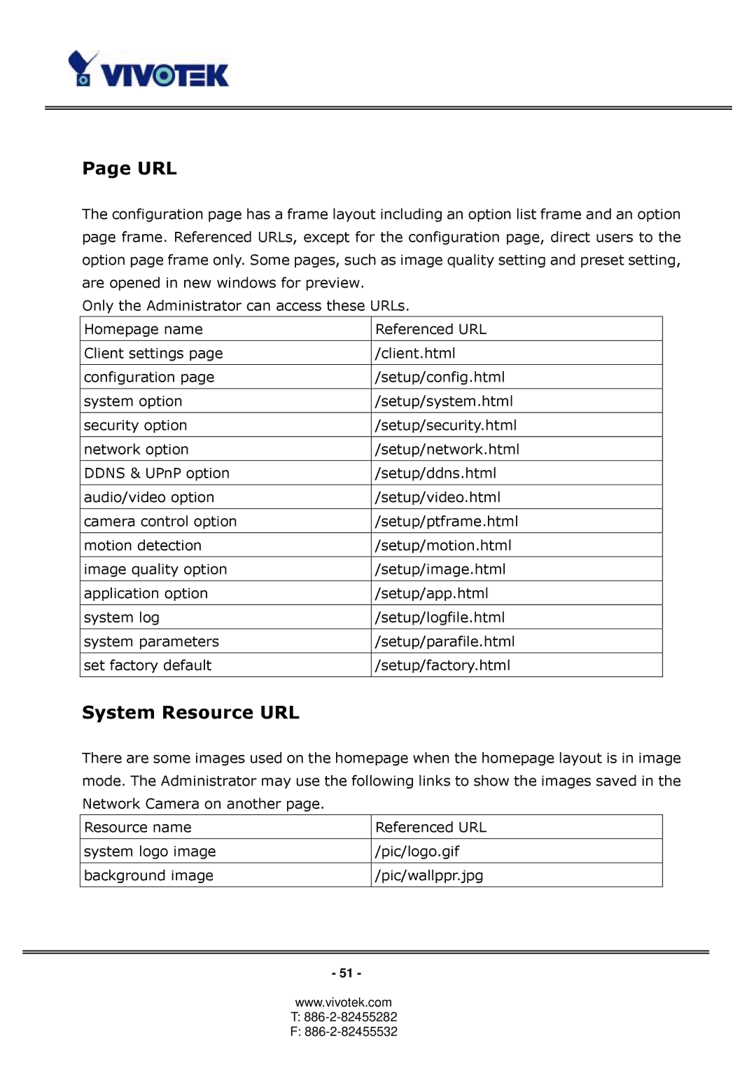 Vivotek PT3123, PT3113 manual Url, System Resource URL 