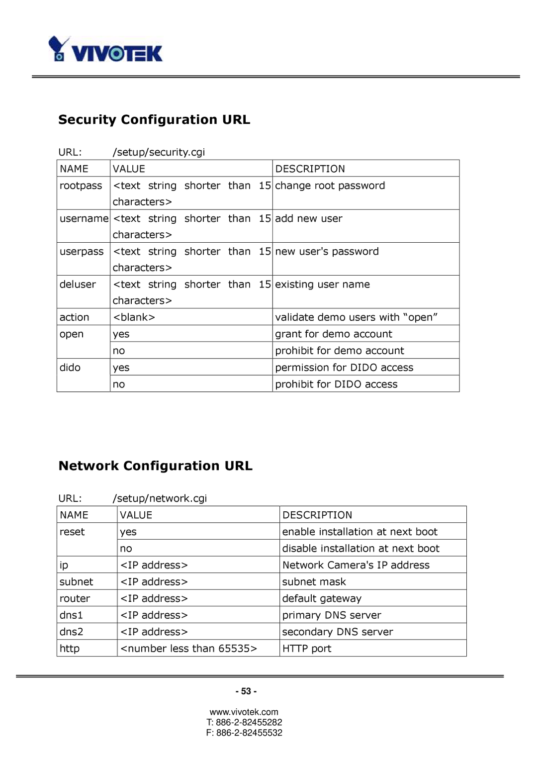 Vivotek PT3123, PT3113 manual Security Configuration URL, Network Configuration URL 