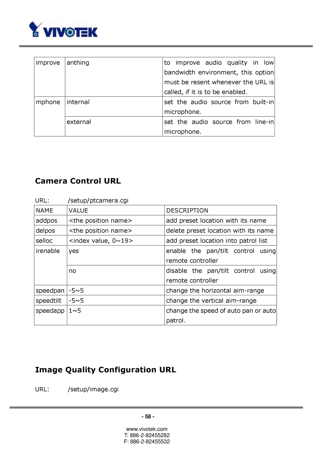 Vivotek PT3113, PT3123 manual Camera Control URL, Image Quality Configuration URL 