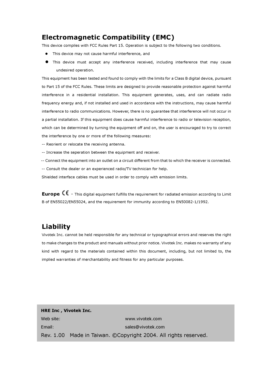 Vivotek PT3113, PT3123 manual Electromagnetic Compatibility EMC, Liability 