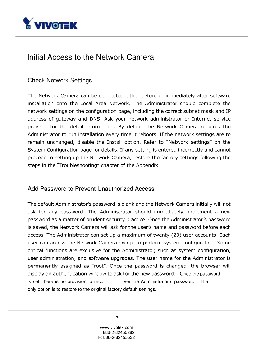 Vivotek PT3114 Initial Access to the Network Camera, Check Network Settings, Add Password to Prevent Unauthorized Access 