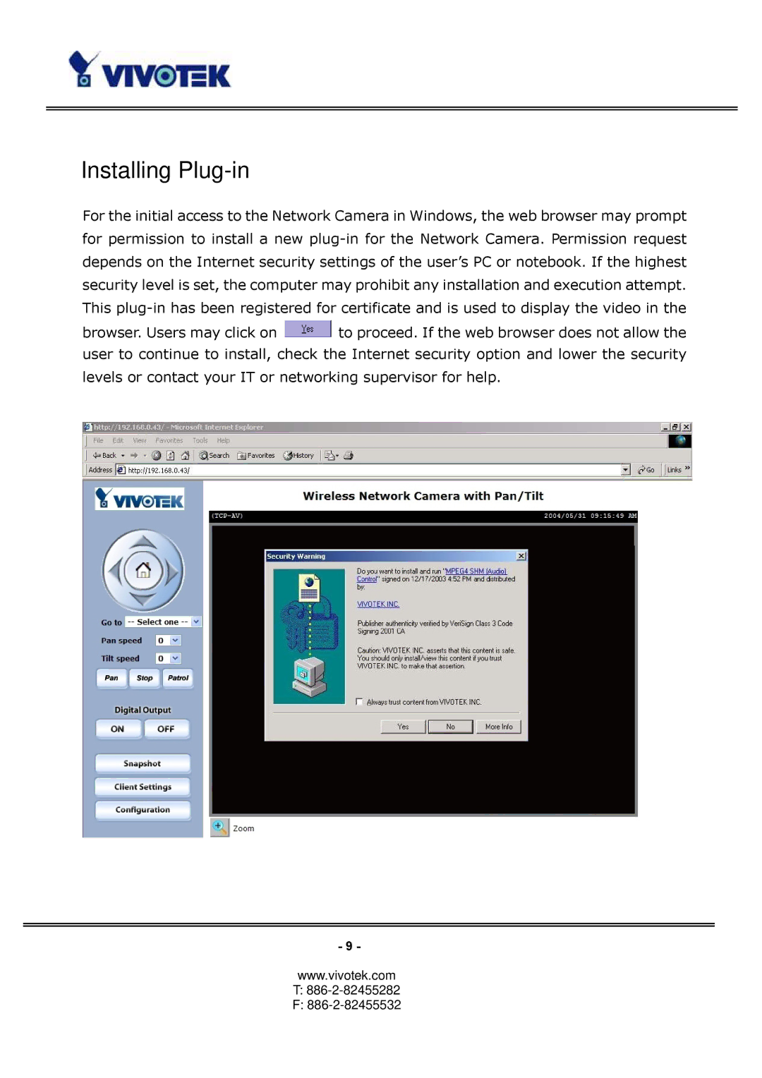 Vivotek PT3114, PT3124 manual Installing Plug-in 