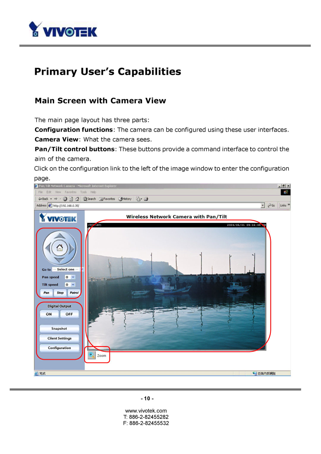 Vivotek PT3124, PT3114 manual Primary User’s Capabilities, Main Screen with Camera View 