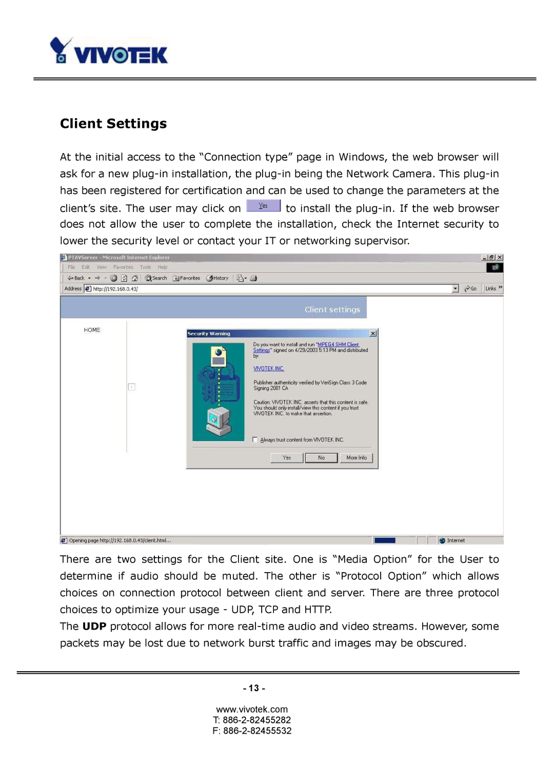 Vivotek PT3114, PT3124 manual Client Settings 