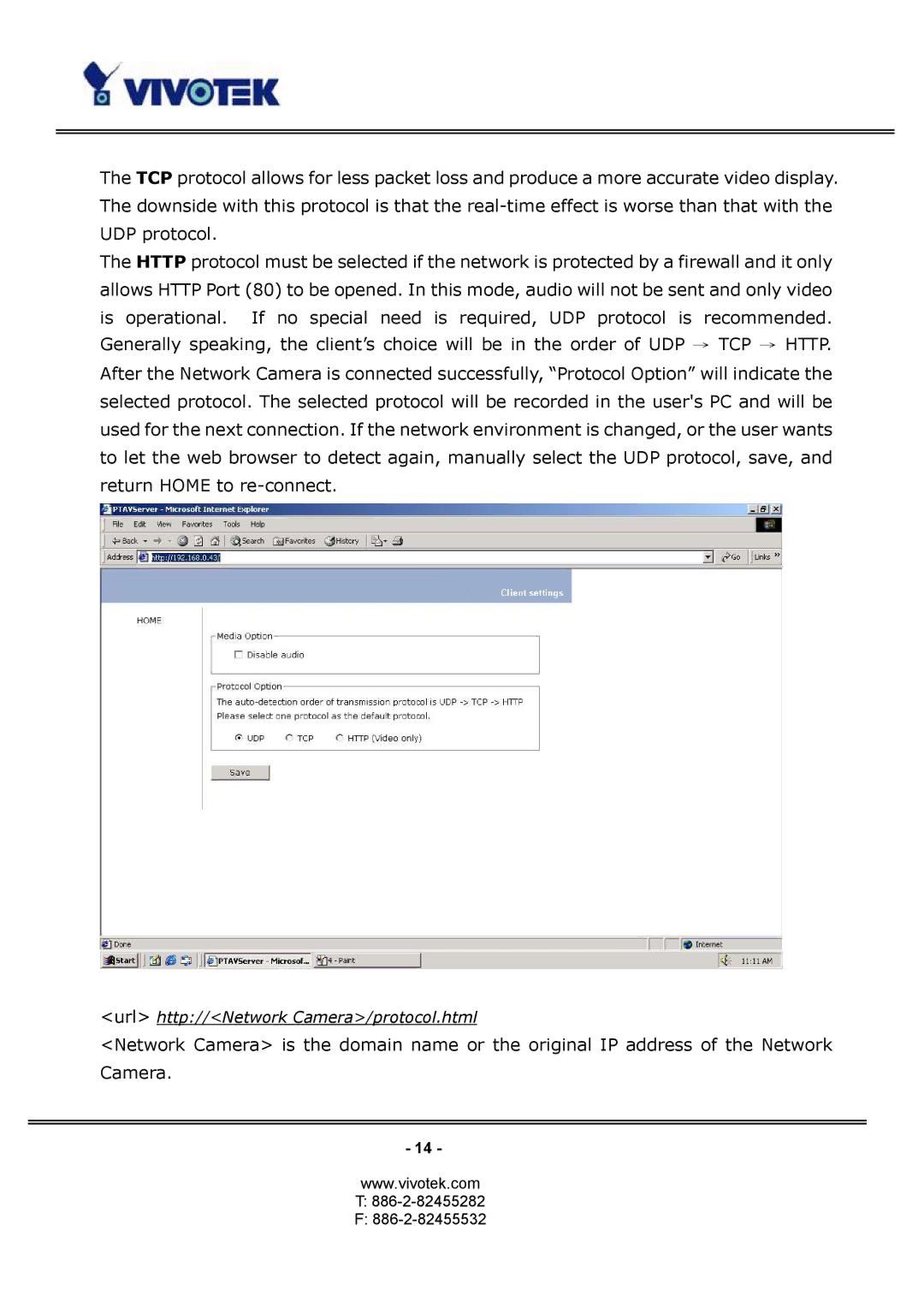 Vivotek PT3124, PT3114 manual Url http//Network Camera/protocol.html 