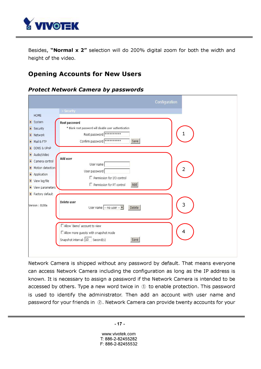 Vivotek PT3114, PT3124 manual Opening Accounts for New Users, Protect Network Camera by passwords 