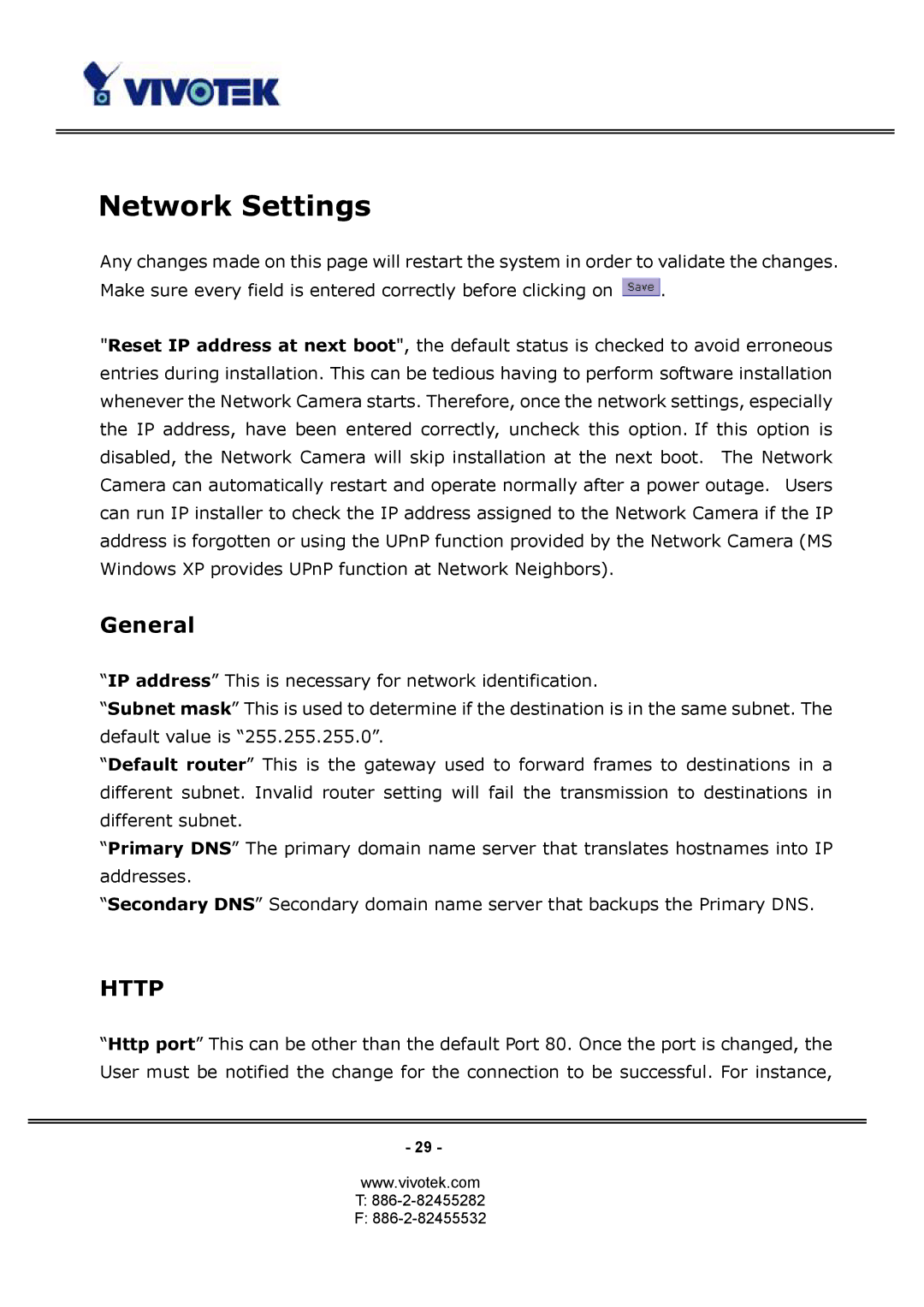 Vivotek PT3114, PT3124 manual Network Settings, General 