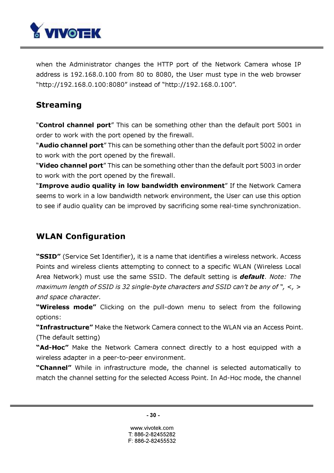 Vivotek PT3124, PT3114 manual Streaming, Wlan Configuration 