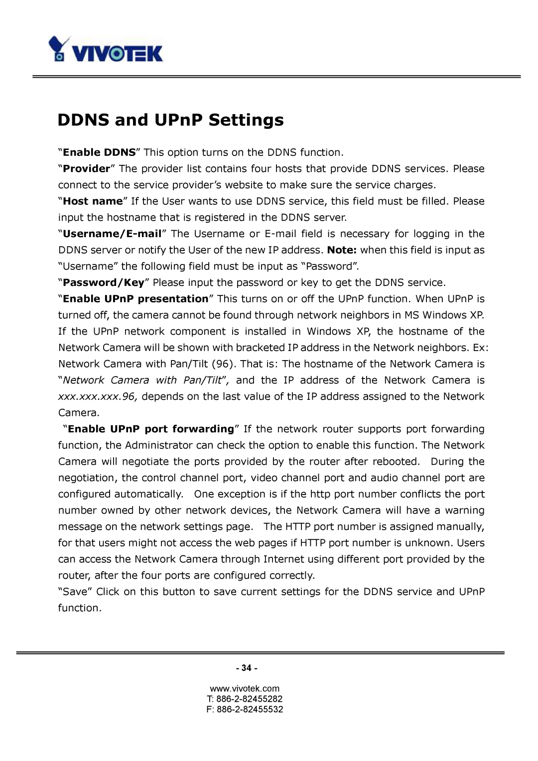 Vivotek PT3124, PT3114 manual Ddns and UPnP Settings 