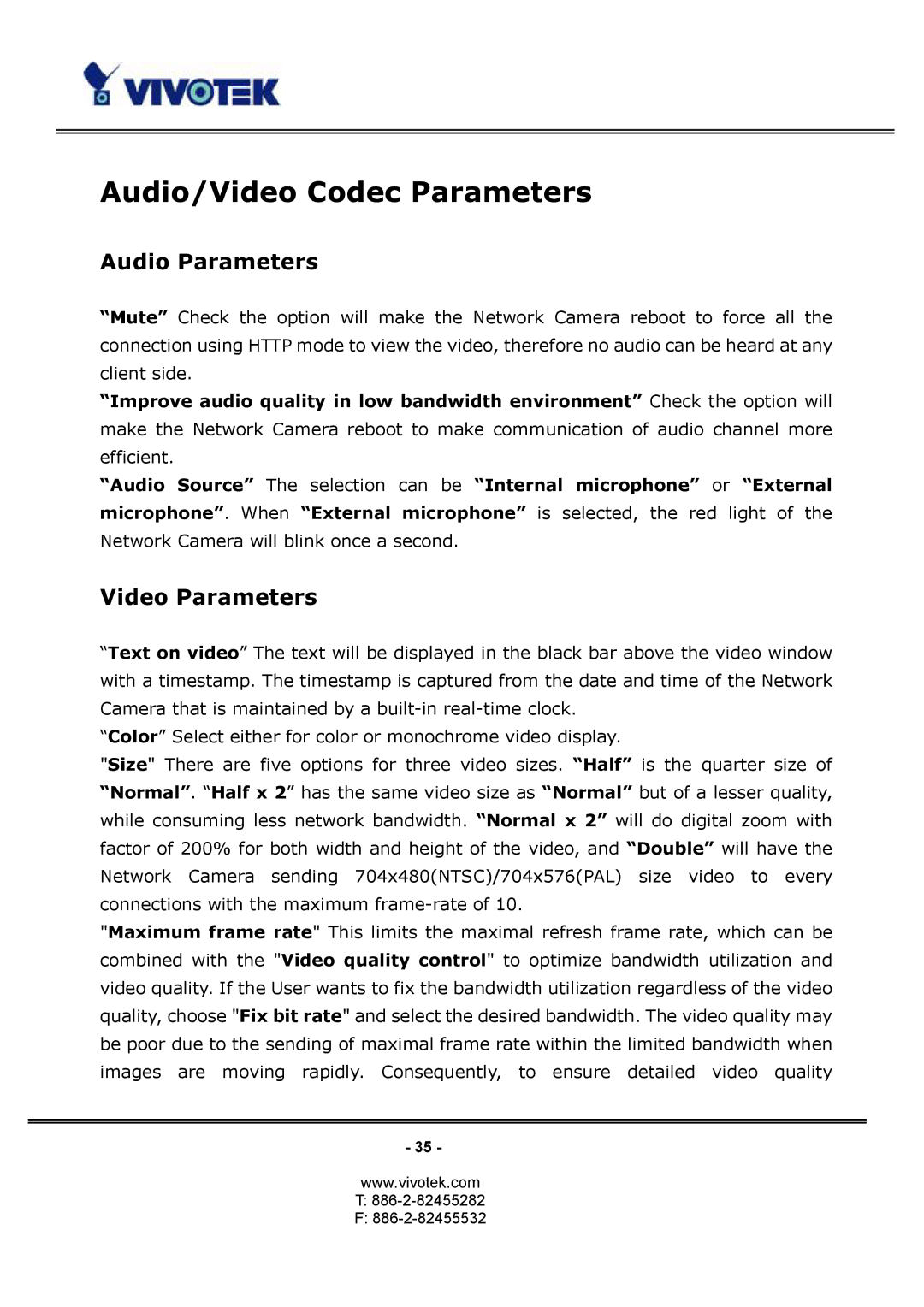 Vivotek PT3114, PT3124 manual Audio/Video Codec Parameters, Audio Parameters, Video Parameters 