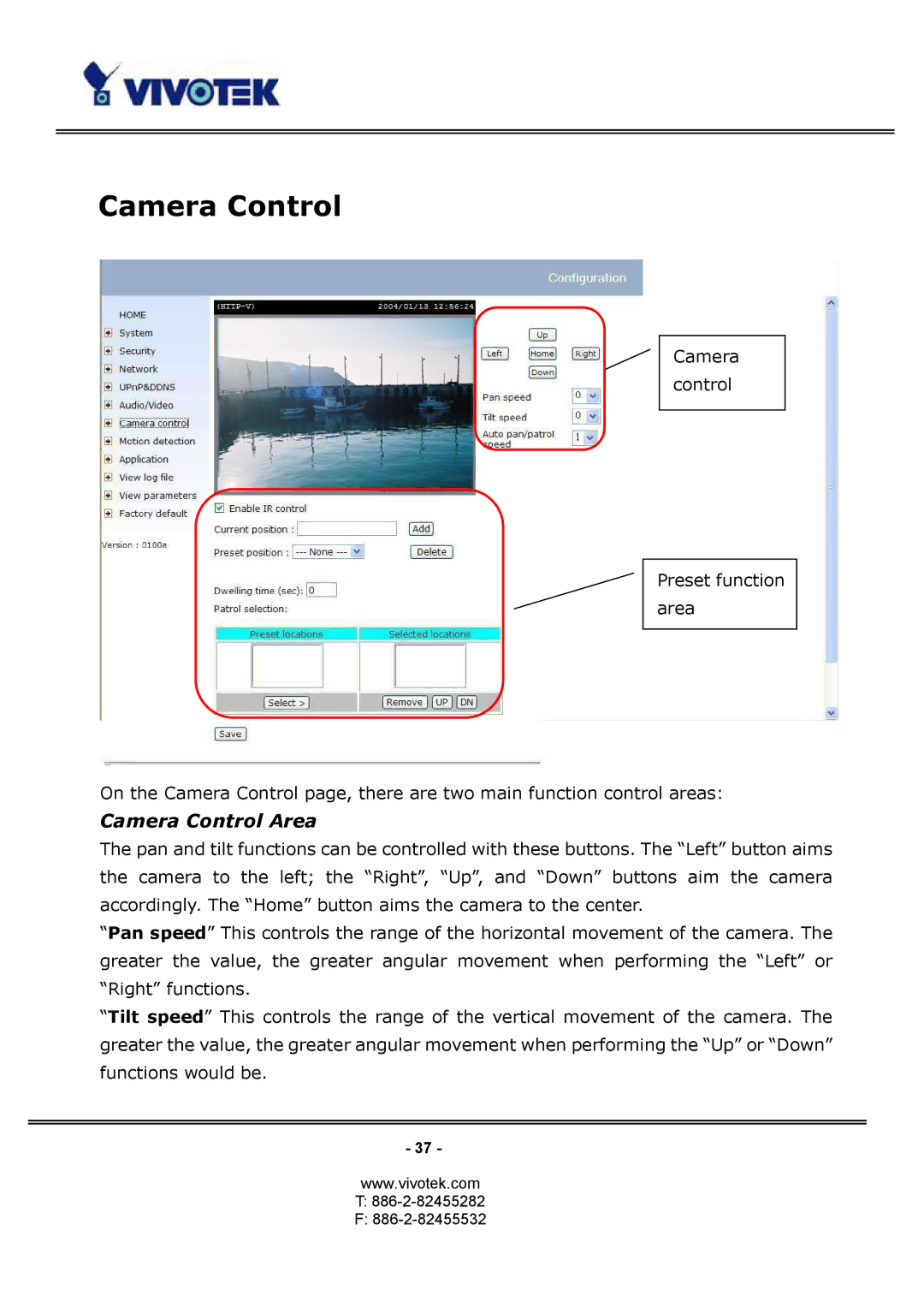 Vivotek PT3114, PT3124 manual Camera Control Area 