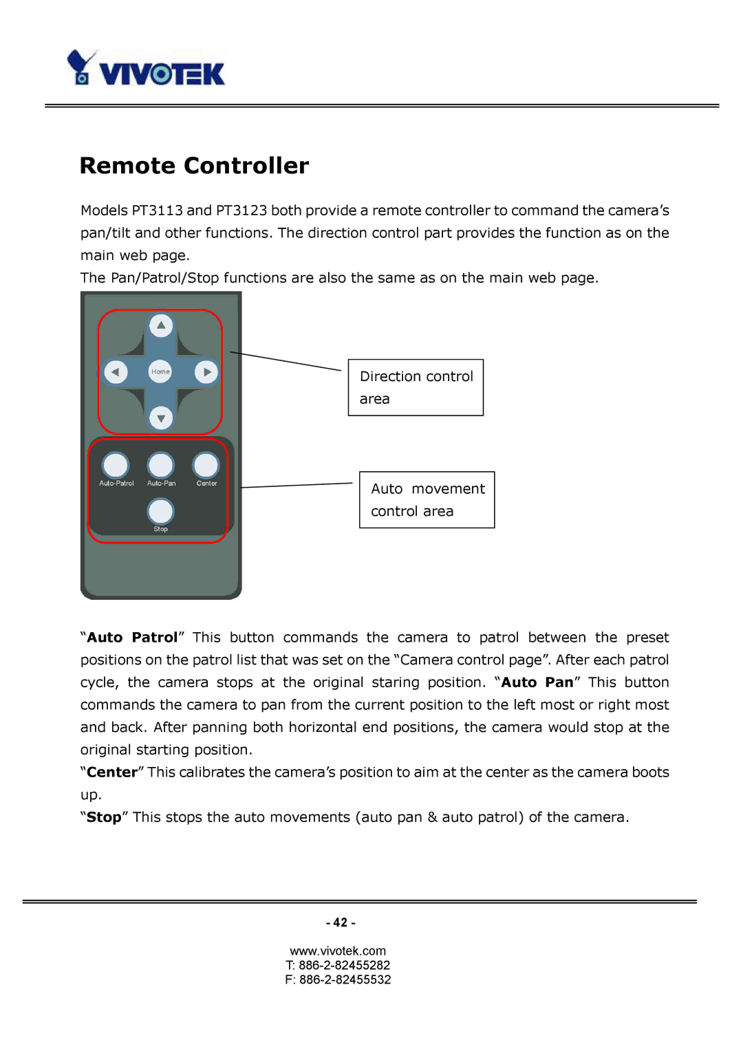 Vivotek PT3124, PT3114 manual Remote Controller 