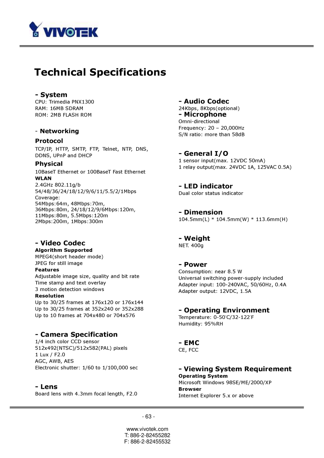 Vivotek PT3124, PT3114 manual Technical Specifications, System 