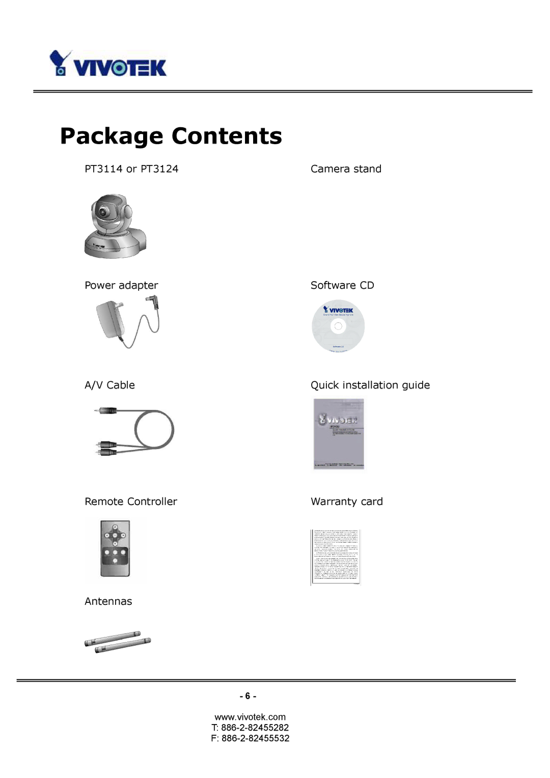 Vivotek PT3124, PT3114 manual Package Contents 