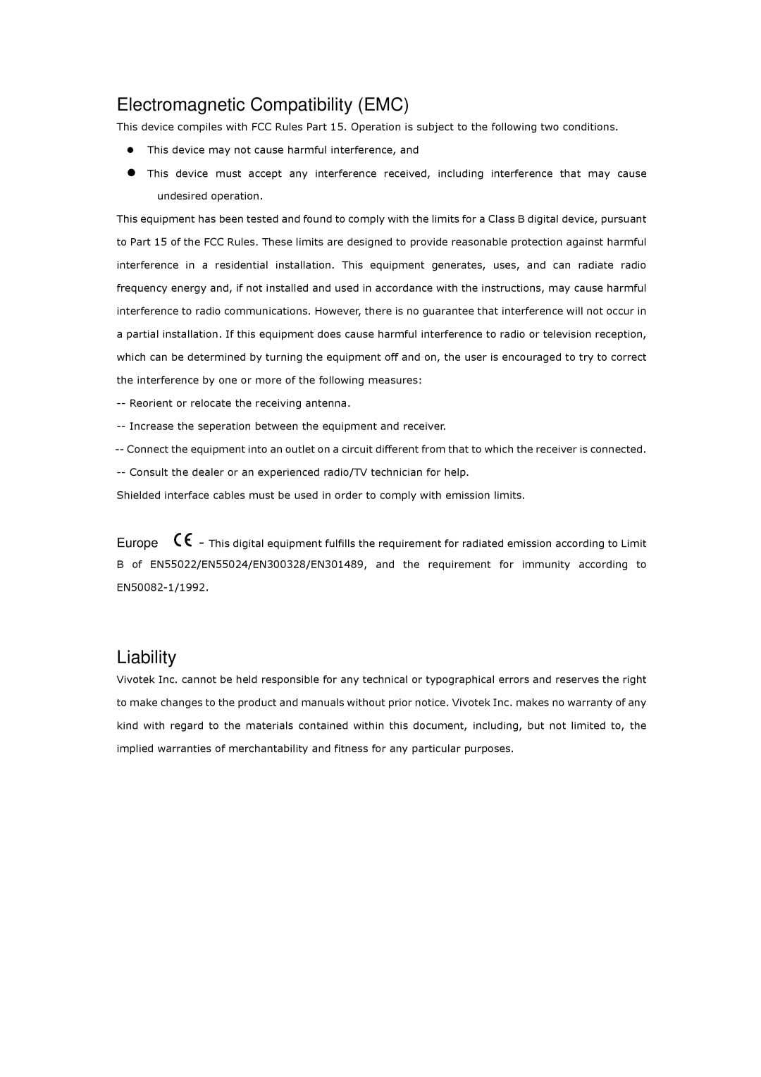 Vivotek PT3114, PT3124 manual Electromagnetic Compatibility EMC, Liability 