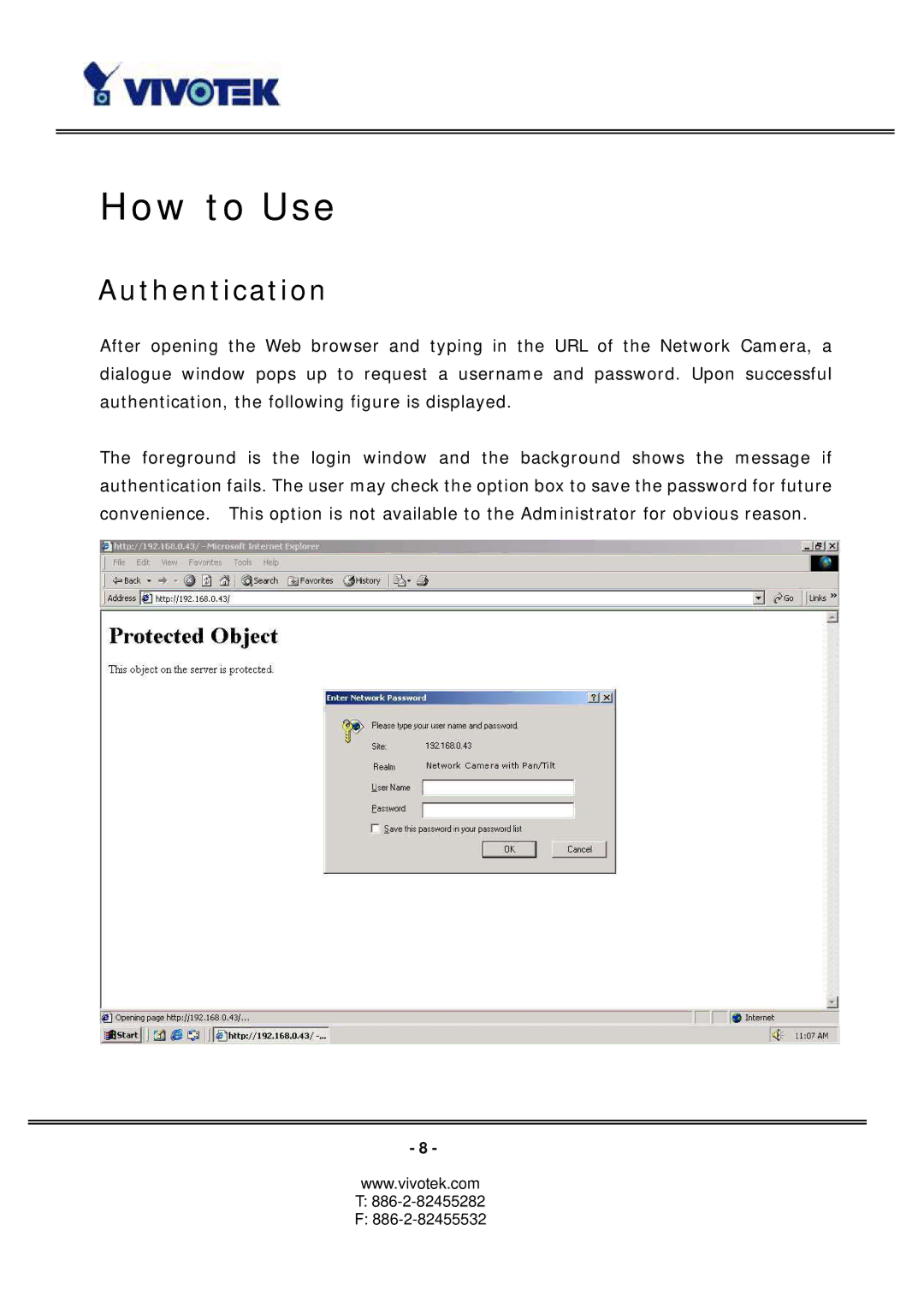 Vivotek PT3127, PT3117 manual How to Use, Authentication 