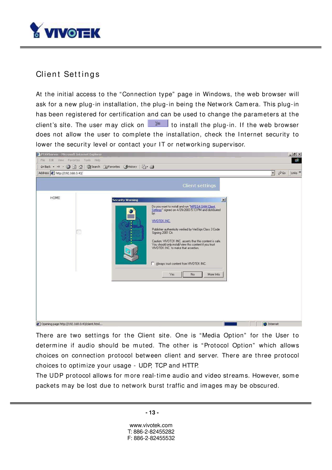 Vivotek PT3117, PT3127 manual Client Settings 