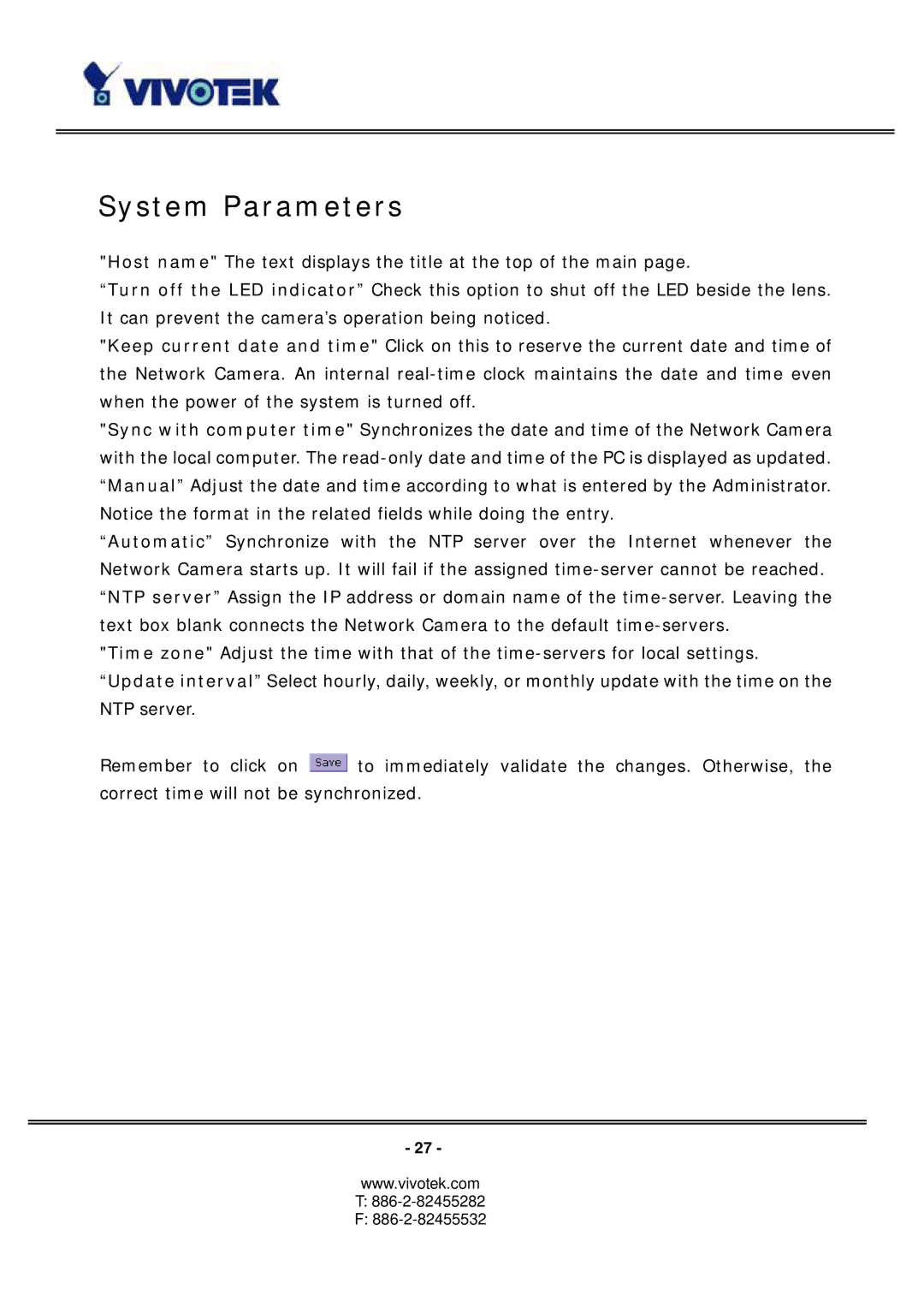 Vivotek PT3117, PT3127 manual System Parameters 