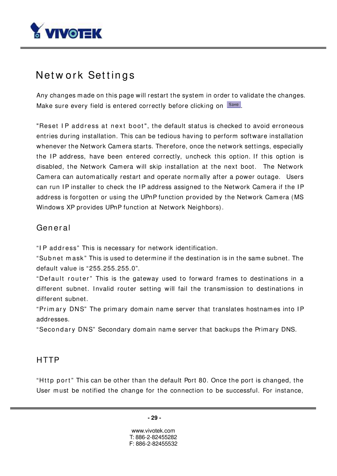 Vivotek PT3117, PT3127 manual Network Settings, General 