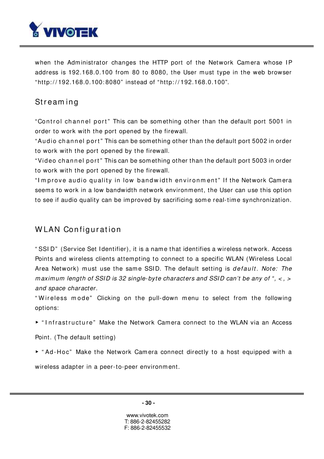 Vivotek PT3127, PT3117 manual Streaming, Wlan Configuration 