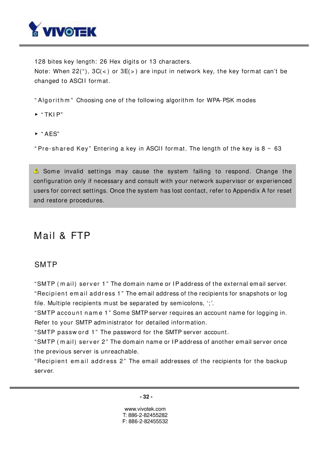 Vivotek PT3127, PT3117 manual Mail & FTP, Tkip AES 