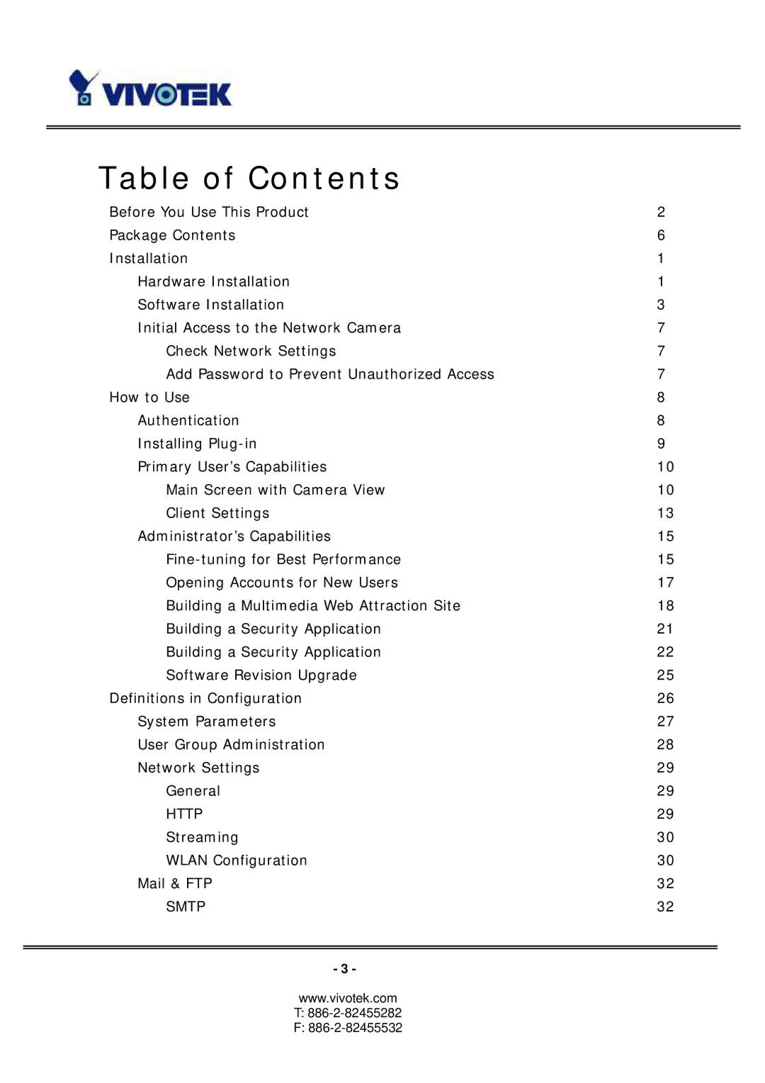 Vivotek PT3117, PT3127 manual Table of Contents 