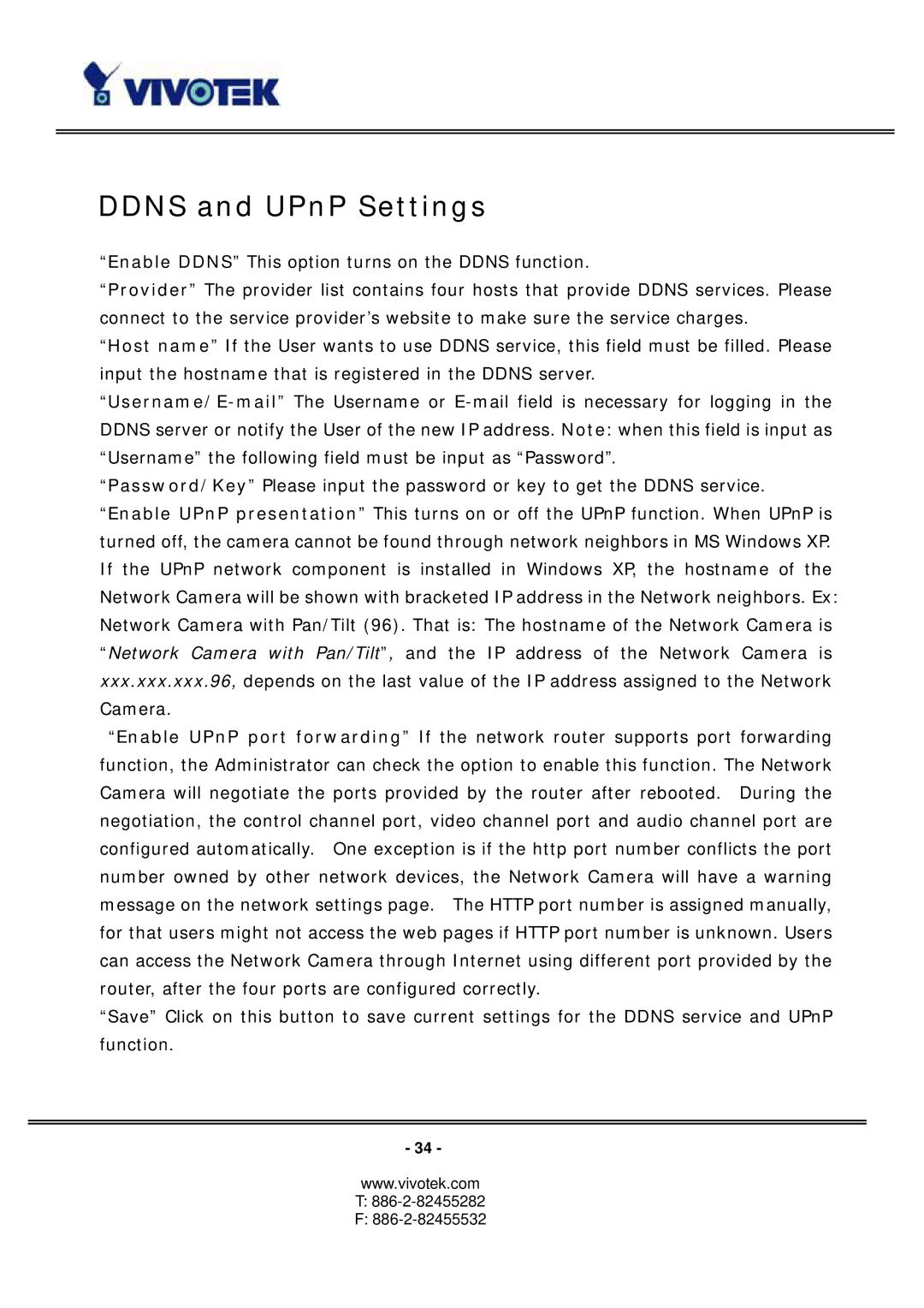 Vivotek PT3127, PT3117 manual Ddns and UPnP Settings 