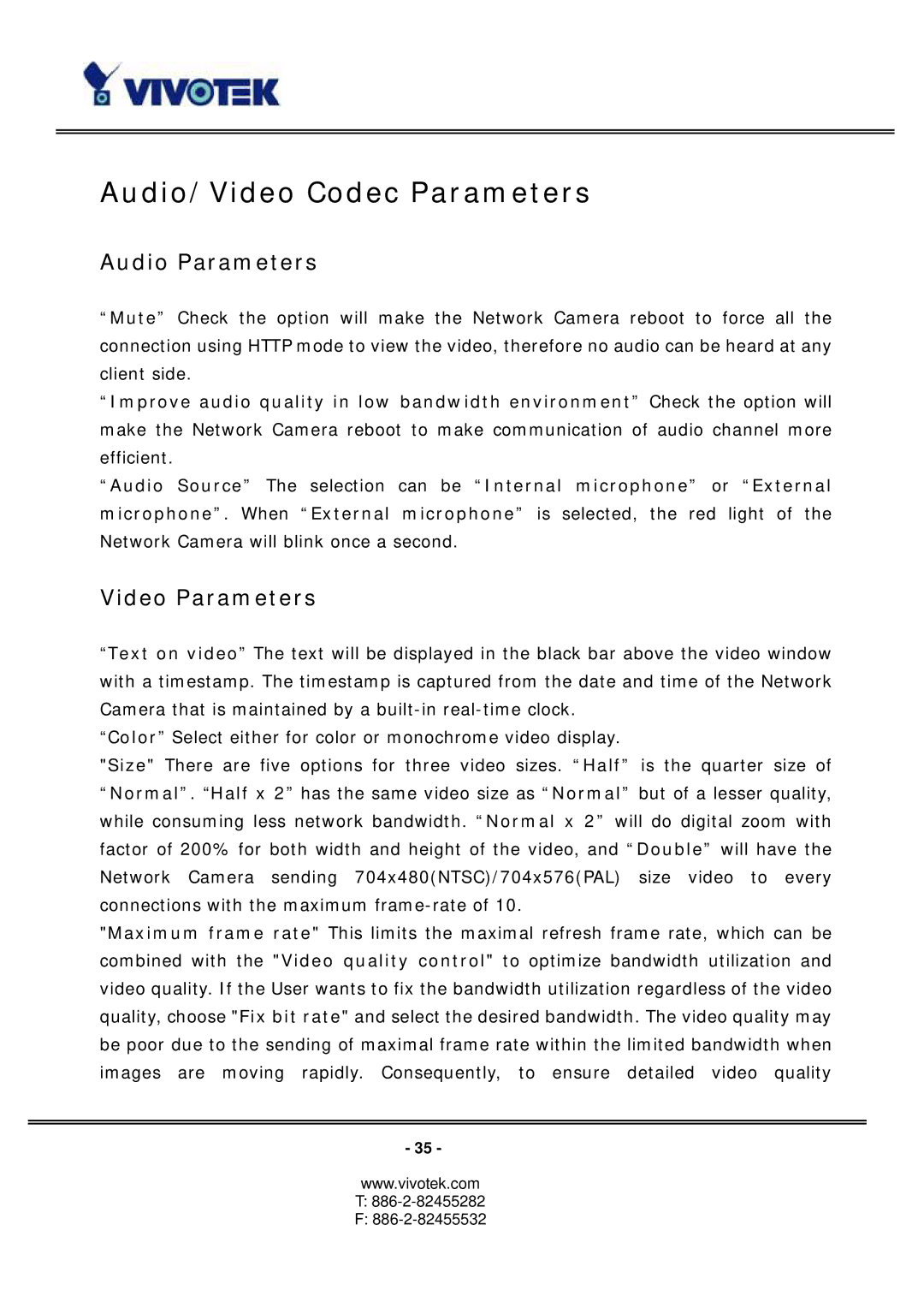 Vivotek PT3117, PT3127 manual Audio/Video Codec Parameters, Audio Parameters, Video Parameters 