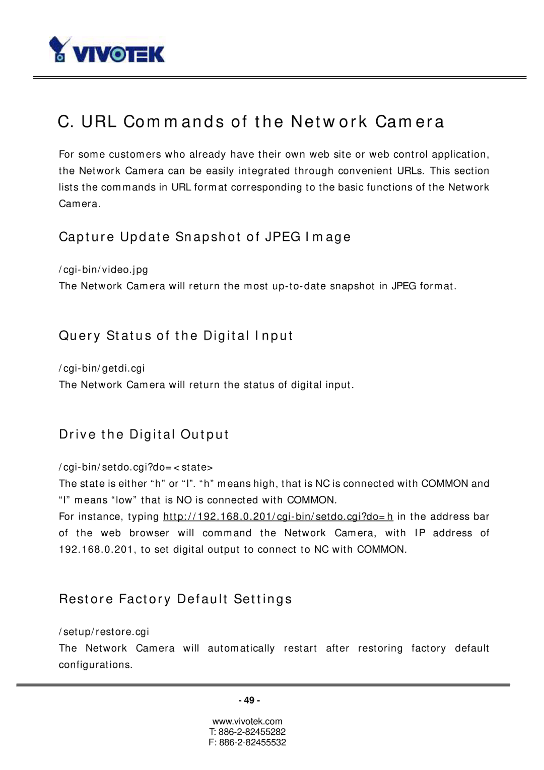 Vivotek PT3127, PT3117 URL Commands of the Network Camera, Capture Update Snapshot of Jpeg Image, Drive the Digital Output 