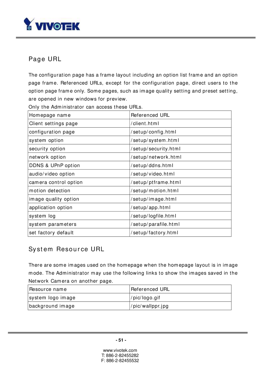 Vivotek PT3127, PT3117 manual Url, System Resource URL 