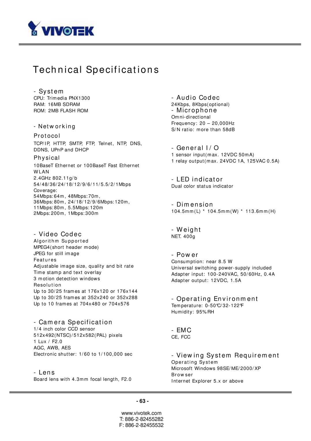 Vivotek PT3127, PT3117 manual Technical Specifications, System 