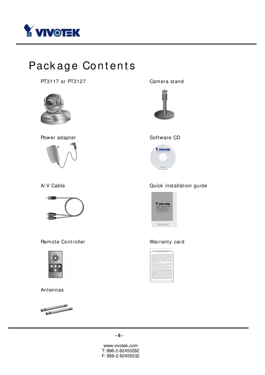 Vivotek PT3127, PT3117 manual Package Contents 