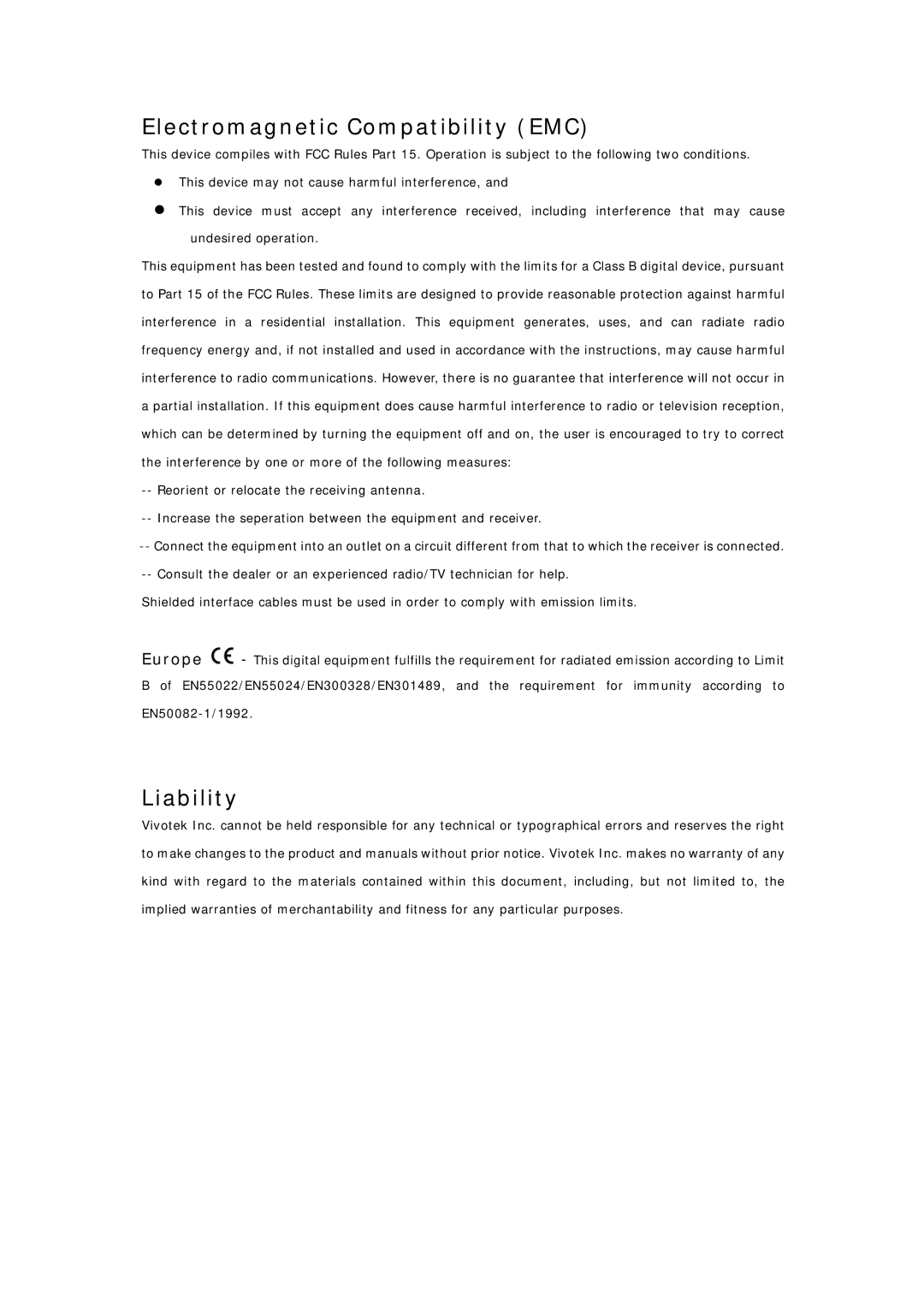 Vivotek PT3127, PT3117 manual Electromagnetic Compatibility EMC, Liability 