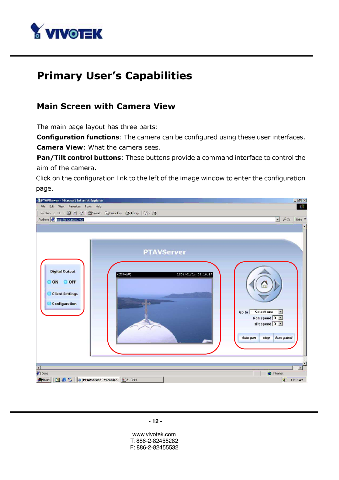 Vivotek PT3122 manual Primary User’s Capabilities, Main Screen with Camera View 